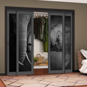4 Leaf Handcrafted Bypass Sliding Painted Grey Closet Door Digital Printing HSSB- 2104
