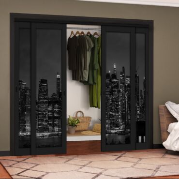 4 Leaf Handcrafted Bypass Sliding Painted Black Closet Door Digital Printing HSSB- 2084