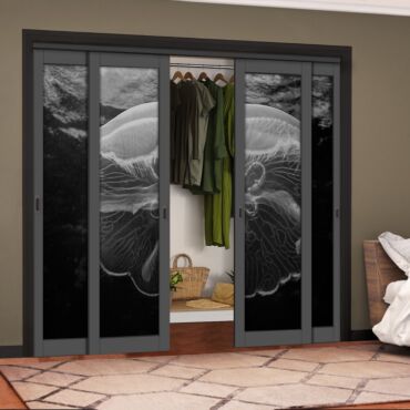 4 Leaf Handcrafted Bypass Sliding Painted Grey Closet Door Digital Printing HSSB- 2108