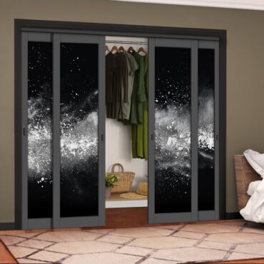 4 Leaf Handcrafted Bypass Sliding Painted Grey Closet Door Digital Printing HSSB- 2112