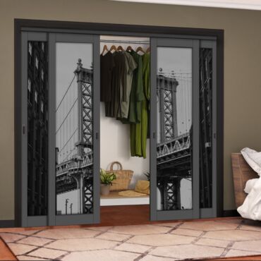 4 Leaf Handcrafted Bypass Sliding Painted Grey Closet Door Digital Printing HSSB- 2113