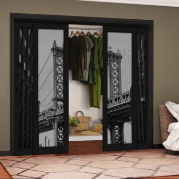 4 Leaf Handcrafted Bypass Sliding Painted Black Closet Door Digital Printing HSSB- 2089