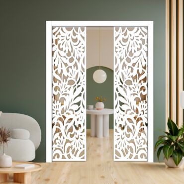 Double Pocket Sliding Wooden Door with Glass Insert & Frosted Design PWD-0759