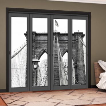 4 Leaf Handcrafted Bypass Sliding Painted Grey Closet Door Digital Printing HSSB- 2114