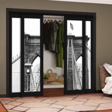 4 Leaf Handcrafted Bypass Sliding Painted Black Closet Door Digital Printing HSSB- 2090