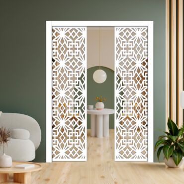 Double Pocket Sliding Wooden Door with Glass Insert & Frosted Design PWD-0760