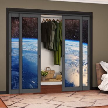 4 Leaf Handcrafted Bypass Sliding Painted Grey Closet Door Digital Printing HSSB- 2116