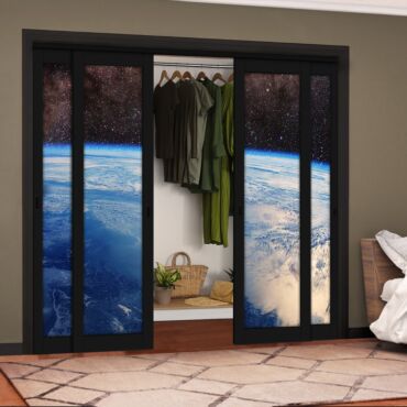 4 Leaf Handcrafted Bypass Sliding Painted Black Closet Door Digital Printing HSSB- 2092