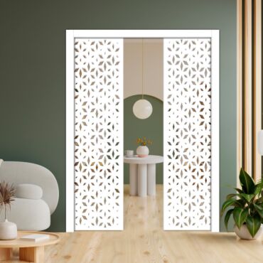 Double Pocket Sliding Wooden Door with Glass Insert & Frosted Design PWD-0761