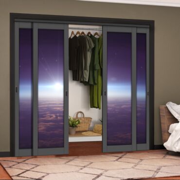 4 Leaf Handcrafted Bypass Sliding Painted Grey Closet Door Digital Printing HSSB- 2117