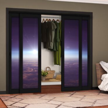4 Leaf Handcrafted Bypass Sliding Painted Black Closet Door Digital Printing HSSB- 2093