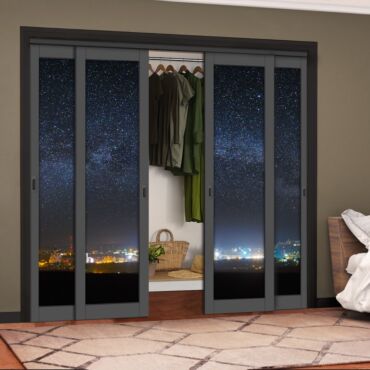 4 Leaf Handcrafted Bypass Sliding Painted Grey Closet Door Digital Printing HSSB- 2118