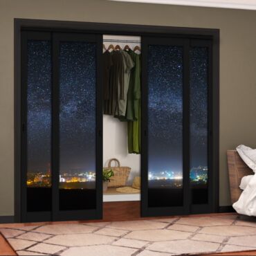 4 Leaf Handcrafted Bypass Sliding Painted Black Closet Door Digital Printing HSSB- 2094