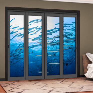 4 Leaf Handcrafted Bypass Sliding Painted Grey Closet Door Digital Printing HSSB- 2119