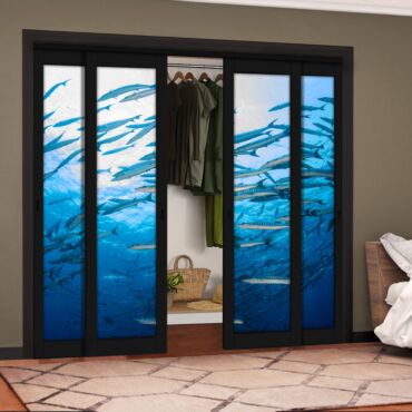 4 Leaf Handcrafted Bypass Sliding Painted Black Closet Door Digital Printing HSSB- 2095