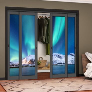 4 Leaf Handcrafted Bypass Sliding Painted Grey Closet Door Digital Printing HSSB- 2120