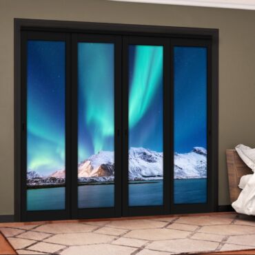 4 Leaf Handcrafted Bypass Sliding Painted Black Closet Door Digital Printing HSSB- 2096