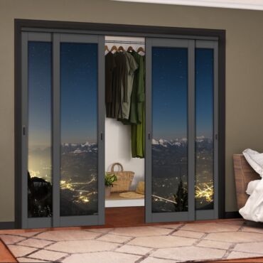 4 Leaf Handcrafted Bypass Sliding Painted Grey Closet Door Digital Printing HSSB- 2121