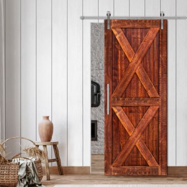 Rustic Ranch Vertically Sliding Barn Door with Saw Pattern RBD-1479