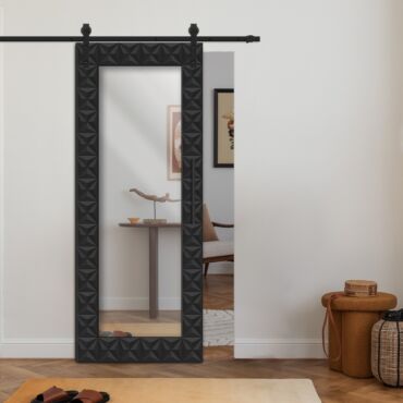 Wooden Mirror Sliding Barn Door with 3D geometric pattern RM - 0864