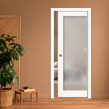 Frosted Sliding Pocket Wood Door with Glass Insert PWGD-0844