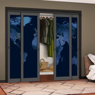 4 Leaf Handcrafted Bypass Sliding Painted Grey Closet Door Digital Printing HSSB- 2122