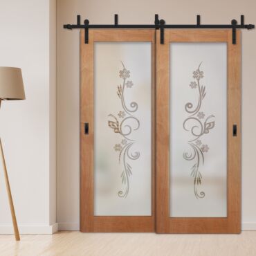 2 Leaf Sliding Barn Bypass Doors with Glass Insert BGD-1113