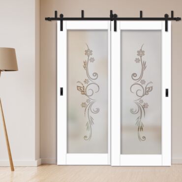 2 Leaf Sliding Barn Bypass Doors with Glass Insert BGD-1113