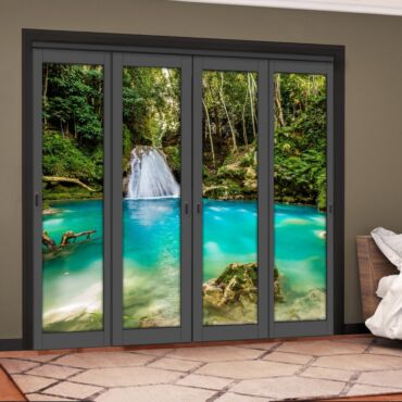 4 Leaf Handcrafted Bypass Sliding Painted Grey Closet Door Digital Printing HSSB- 2123