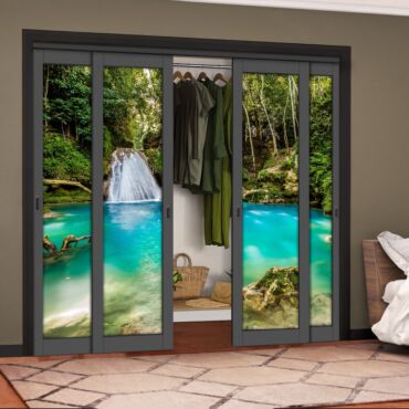 4 Leaf Handcrafted Bypass Sliding Painted Grey Closet Door Digital Printing HSSB- 2123