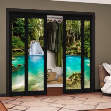 4 Leaf Handcrafted Bypass Sliding Painted Black Closet Door Digital Printing HSSB- 2099