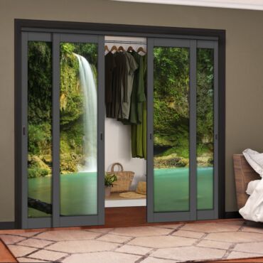 4 Leaf Handcrafted Bypass Sliding Painted Grey Closet Door Digital Printing HSSB- 2125