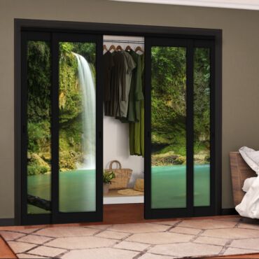 4 Leaf Handcrafted Bypass Sliding Painted Black Closet Door Digital Printing HSSB- 2101