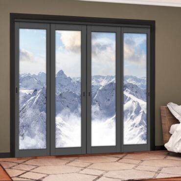 4 Leaf Handcrafted Bypass Sliding Painted Grey Closet Door Digital Printing HSSB- 2126