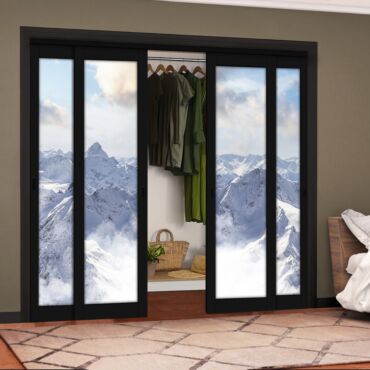 4 Leaf Handcrafted Bypass Sliding Painted Black Closet Door Digital Printing HSSB- 2102