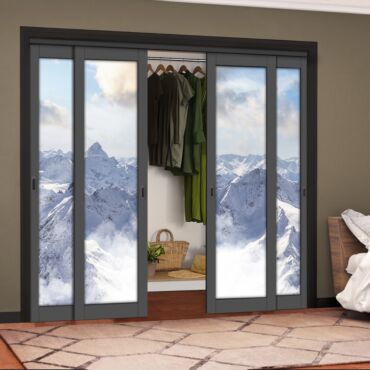 4 Leaf Handcrafted Bypass Sliding Painted Grey Closet Door Digital Printing HSSB- 2126