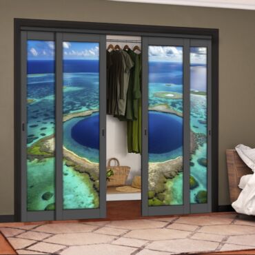 4 Leaf Handcrafted Bypass Sliding Painted Grey Closet Door Digital Printing HSSB- 2127