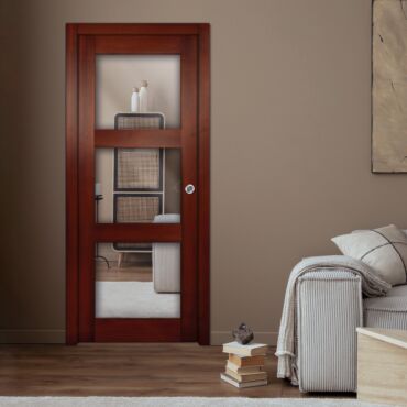 3-Panel mahogany design pocket door with 1 or 2 mirror insert PWGD - 0767