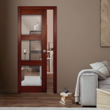 3-Panel mahogany design pocket door with 1 or 2 mirror insert PWGD - 0767