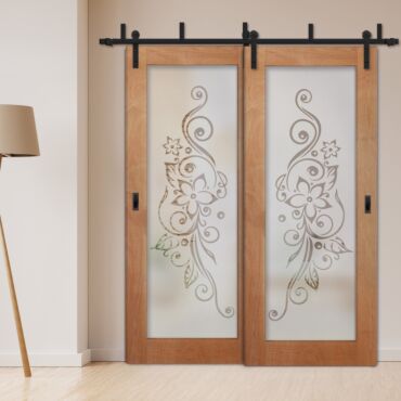 2 Leaf Sliding Barn Bypass Doors with Glass Insert BGD-1123