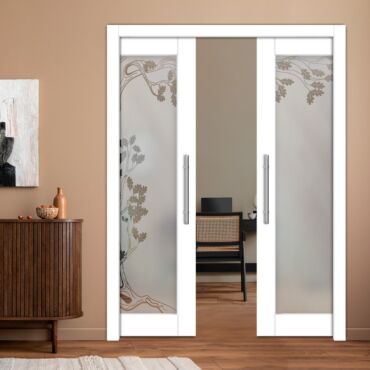 Double Pocket Sliding Wooden Door with Glass Insert & Frosted Design PWD-0979