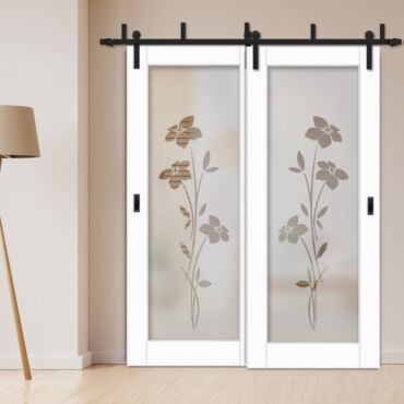 2 Leaf Sliding Barn Bypass Doors with Glass Insert BGD-1125