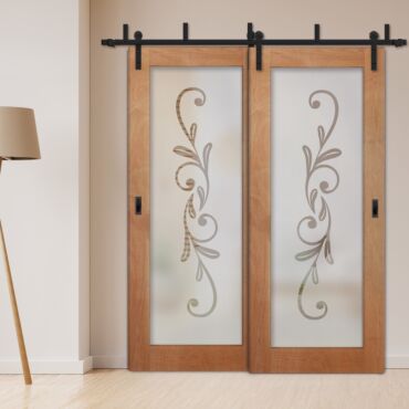 2 Leaf Sliding Barn Bypass Doors with Glass Insert BGD-1129