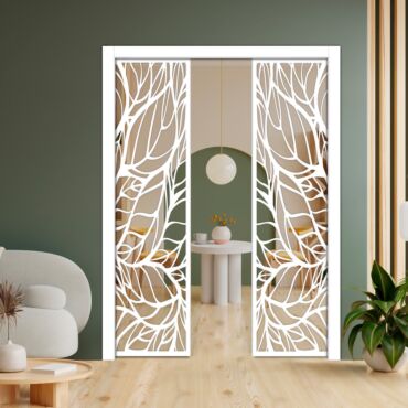 Double Pocket Sliding Wooden Door with Glass Insert & Frosted Design PWD-0749