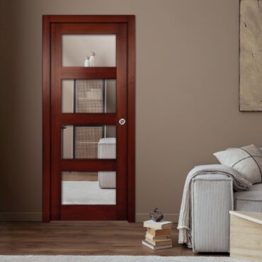 Mahogany wood pocket door with one or both side mirror inserts PWGD - 0768