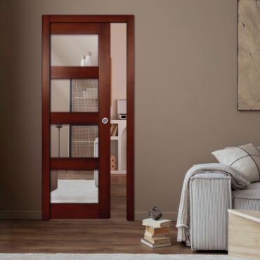 Mahogany wood pocket door with one or both side mirror inserts PWGD - 0768