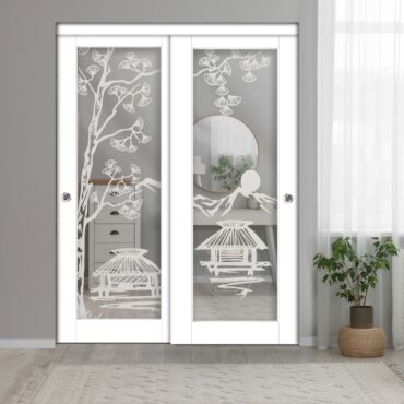 2 Leaf Sliding Closet Barn Door with Mirror & Frosted Design MBSD-0294