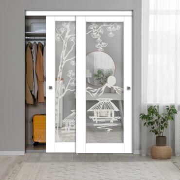 2 Leaf Sliding Closet Barn Door with Mirror & Frosted Design MBSD-0294