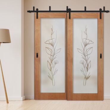 2 Leaf Sliding Barn Bypass Doors with Glass Insert BGD-1139