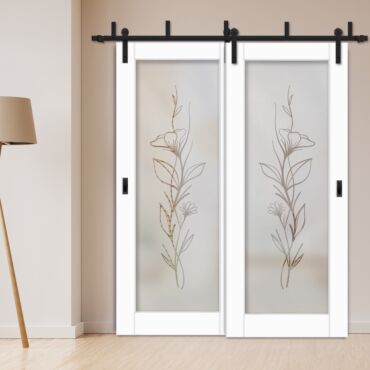 2 Leaf Sliding Barn Bypass Doors with Glass Insert BGD-1139